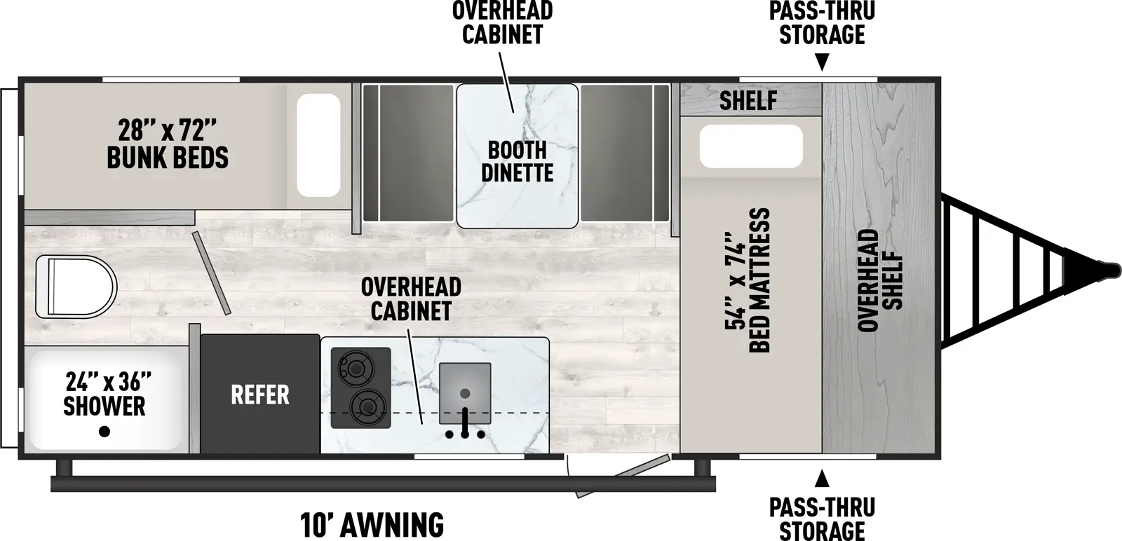 The Viking Travel Trailers 17BH floorplan has one entry and zero slide outs. Exterior features include: metal exterior and 10' awning. Interiors features include: bunk beds and front bedroom.